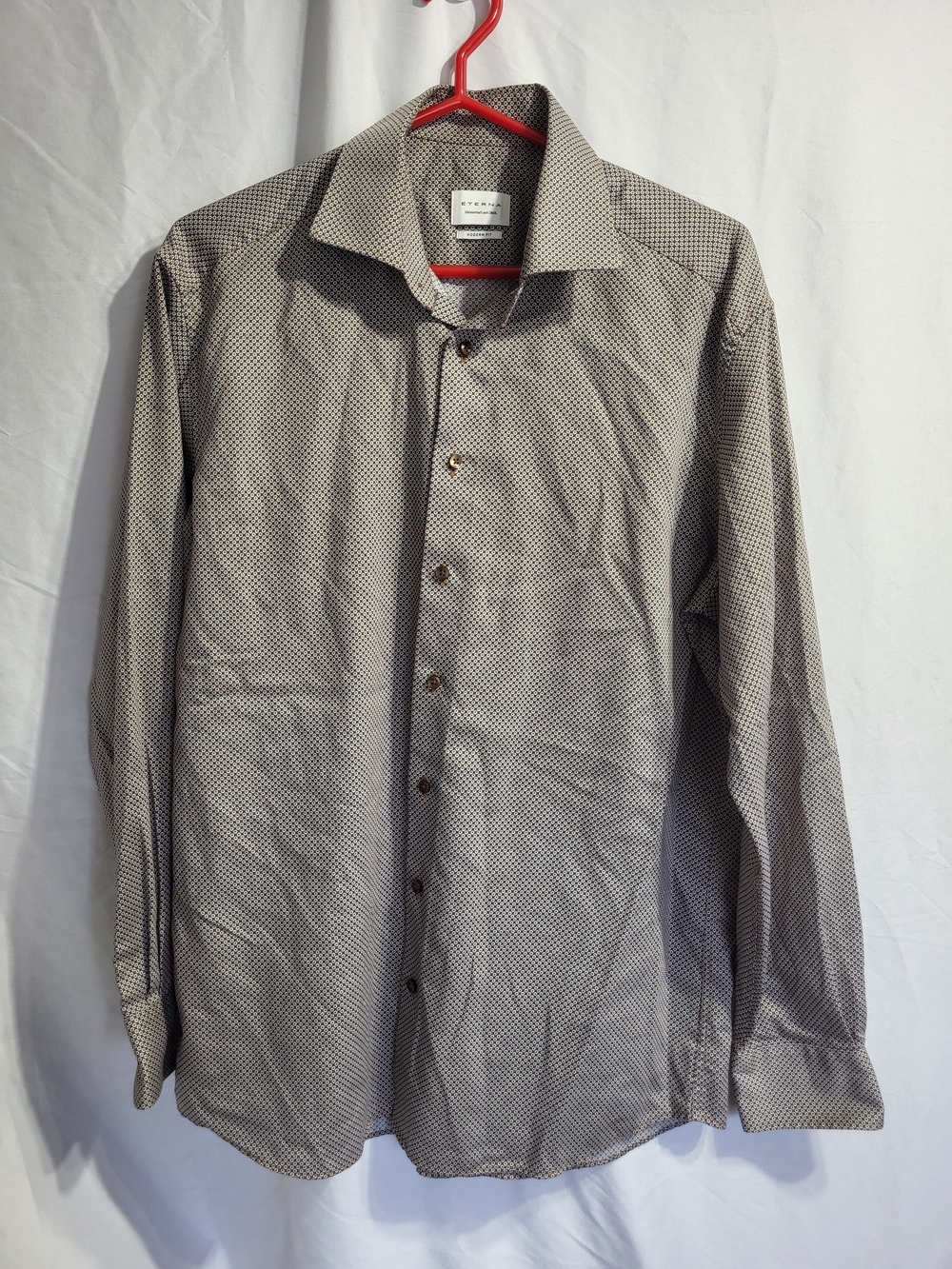 Eterna Mens Button-Up Dress Shirt in Light Gray Micro-Print, Size Large